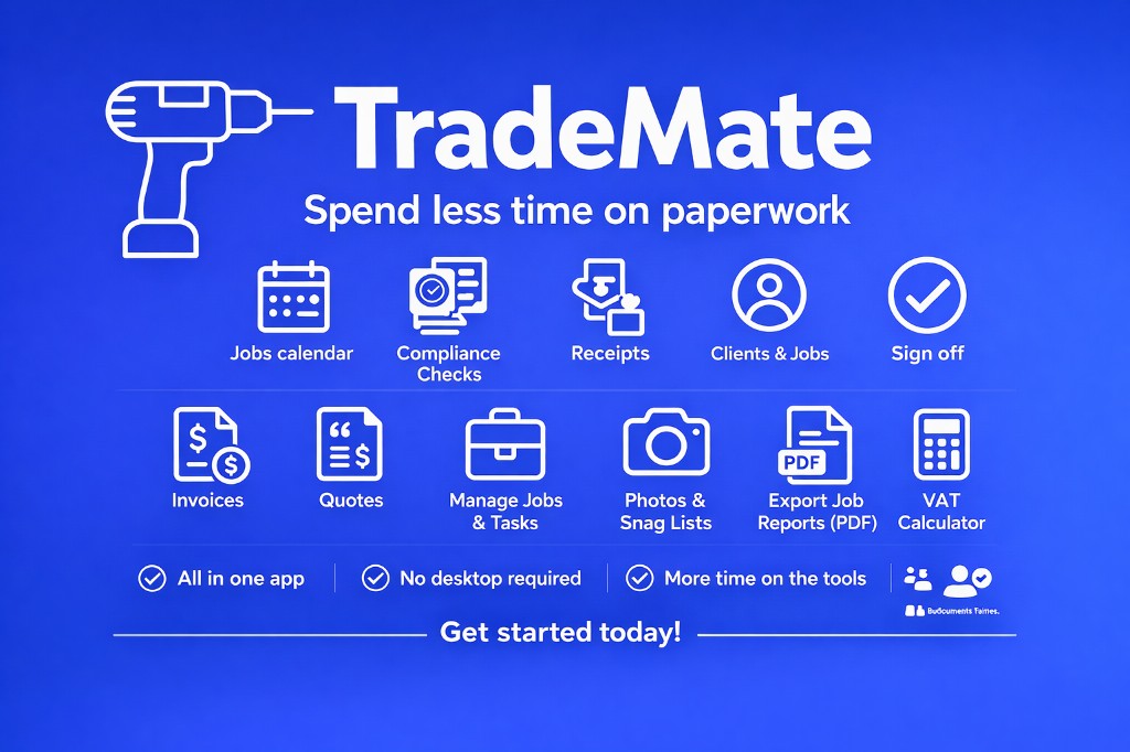 TradeMate app features: jobs calendar, compliance, receipts, clients, sign-off, invoices, quotes, tasks, photos, PDF reports and VAT calculator